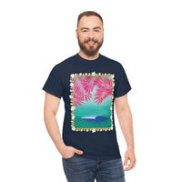 Pink Palms and Wave Design on Heavy Durable extra long Cotton Black Navy Blue T Shirt