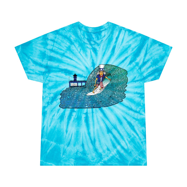Uncle Sam Surfing the Huntington Beach Pier Unisex Tie Die Heavy Cotton Thick Durable T Shirt Red White & Blue Surf City