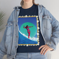 Surfer Girl with Bamboo and Plumeria Border on Heavy Durable extra long Cotton Black Navy Blue T Shirt