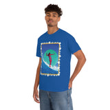 Surfer Girl with Bamboo and Plumeria Border on Heavy Durable extra long Cotton Black Navy Blue T Shirt