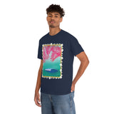 Pink Palms and Wave Design on Heavy Durable extra long Cotton Black Navy Blue T Shirt