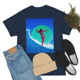 Surfer Girl Design on Heavy Durable extra long Cotton Black Navy Blue T Shirt